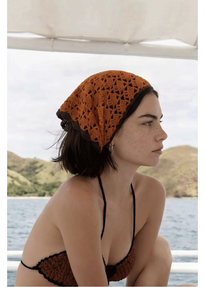 Crochet Lace Triangle Burnt Orange Bandana & Waist Wrap